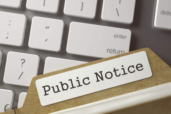 Folder Index Public Notice. 3D. Public Notice written on Index Card on Background of White Modern Computer Keyboard. Business Concept. Closeup View. Selective Focus. Toned Image. 3D Rendering.