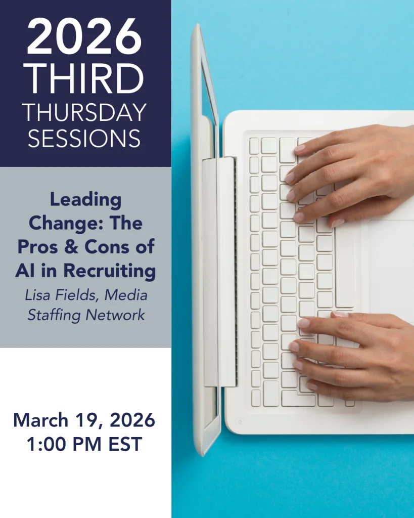 Hands typing on a white laptop next to event details for a session on AI in recruiting, scheduled for March 19, 2026.